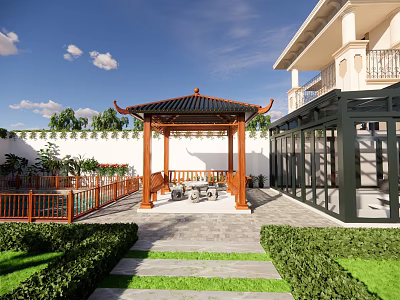 Garden Courtyard With Wooden Pavilion Swimming Pool Stone Path Greenery And Modern Building 3d model