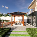 Garden Courtyard With Wooden Pavilion Swimming Pool Stone Path Greenery And Modern Building