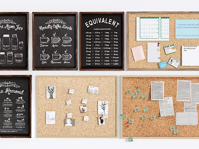 Wooden And Cork Wall Hangings With Hand Drawn Art Charts Calendars Stickers For Organizing Notes 3d model