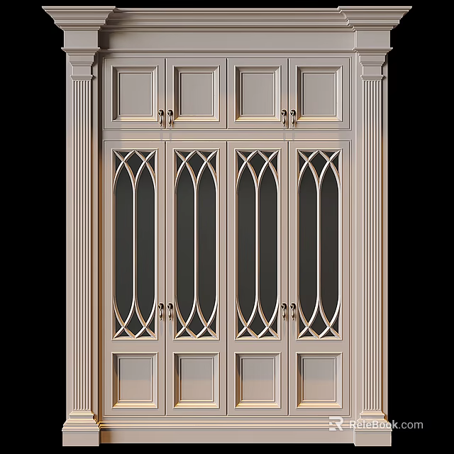 Elegant Classic Wardrobe Featuring Arched Glass Doors And Intricate Carved Patterns 3d model 