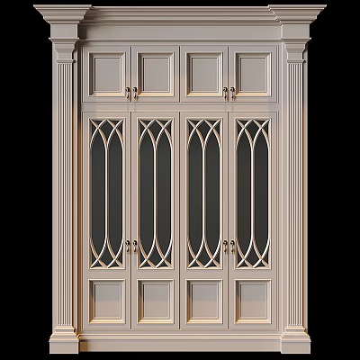Elegant Classic Wardrobe Featuring Arched Glass Doors And Intricate Carved Patterns 3d model