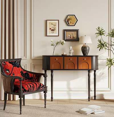 Elegant Entryway Console Table With Red Patterned Armchair Framed Artworks And Table Lamp 3d model