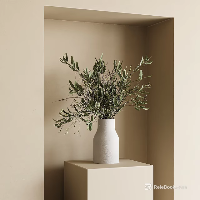 White Vase With Green Olive Branches in Beige Wall Corner on Light Colored Cube Stand 3d model 
