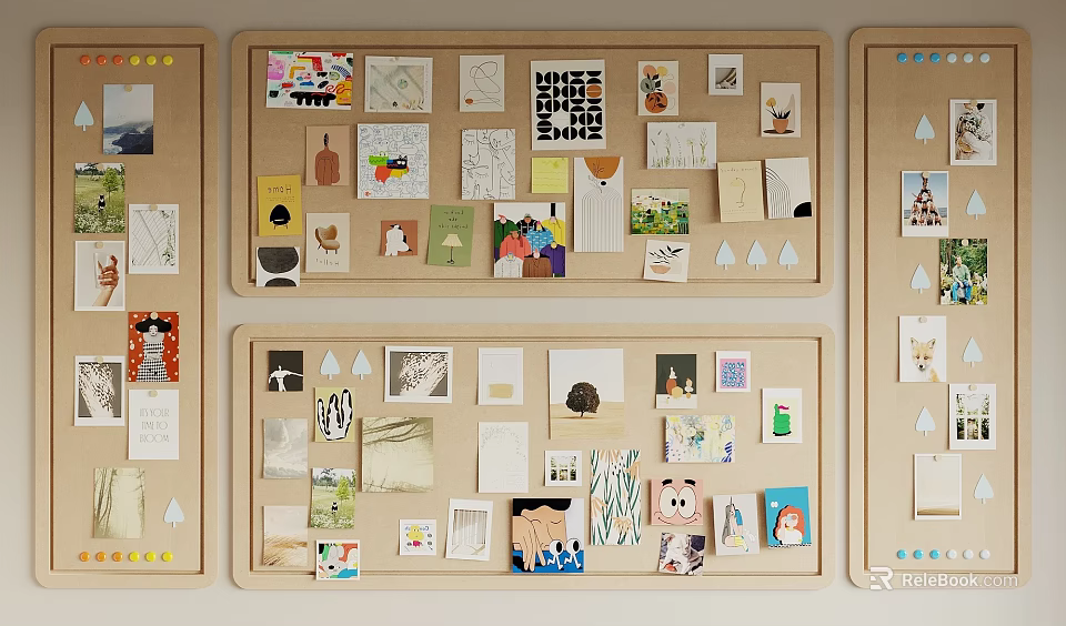 Wooden Photo Wall With Various Cards Drawings Photos And Decorative Stickers 3d model 
