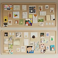 Wooden Photo Wall With Various Cards Drawings Photos And Decorative Stickers