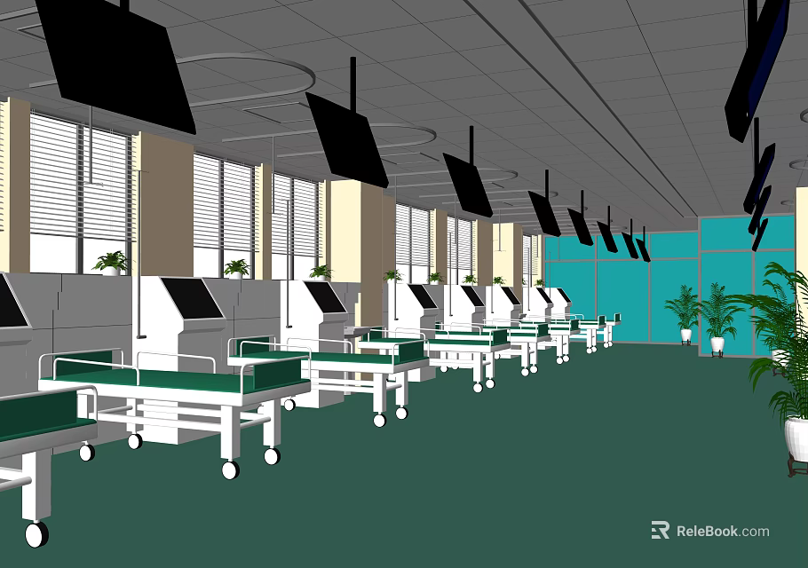 Medical Ward Interior With Multiple Hospital Beds Green Floor And Hanging Screens 3d model 