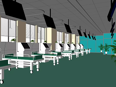 Medical Ward Interior With Multiple Hospital Beds Green Floor And Hanging Screens 3d model