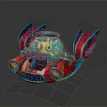 Red And Blue Commercial Device With Transparent Cockpit Cartoon Character Wing Structures And Illuminated Lights