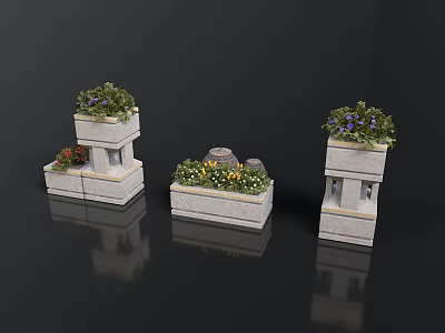 Outdoor Tiered Stone Planters For Garden With Colorful Flowers And Decorative Stones 3d model