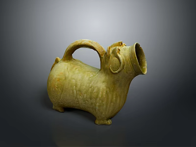 Artistic Ceramic Ram Shaped Sculpture With Textured Body Curved Handle And Spout 3d model