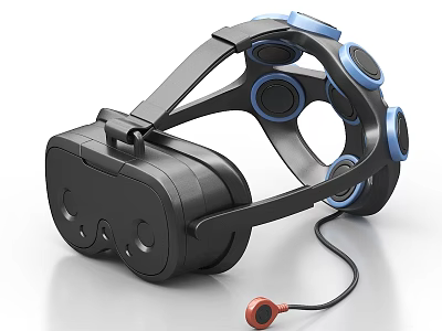 Black VR Headset Daily Use Electrical Appliance With Blue Decorative Rings And Wired Connection 3d model