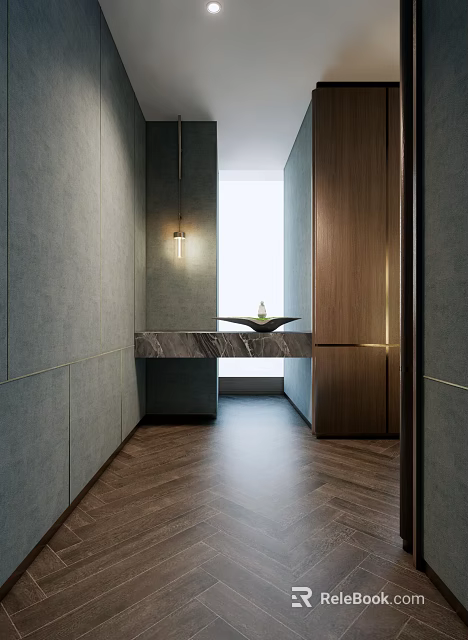 Modern Hotel Corridor Interior Design With Gray Walls Wooden Panels And Pendant Light 3d model 