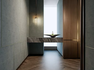 Modern Hotel Corridor Interior Design With Gray Walls Wooden Panels And Pendant Light 3d model