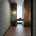 Modern Hotel Corridor Interior Design With Gray Walls Wooden Panels And Pendant Light