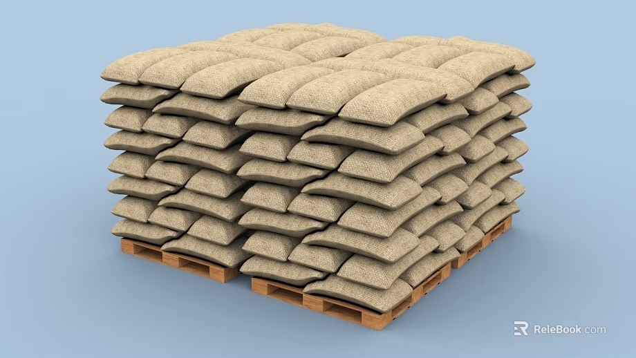 High Stacked Sandbags On Wooden Pallets For Building Construction Components 3d model 