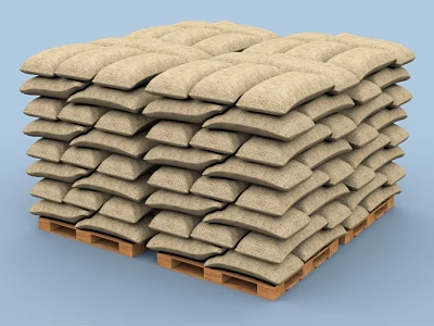 High Stacked Sandbags On Wooden Pallets For Building Construction Components 3d model