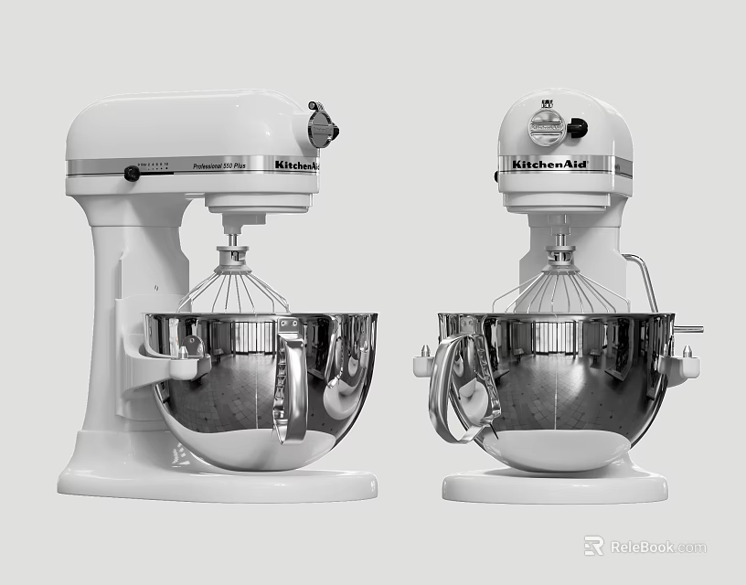 Two White KitchenAid Stand Mixers with Stainless Steel Mixing Bowls 3d model 