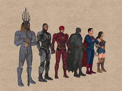 Game And Movie Superhero Characters In Iconic Costumes Standing Together In Line 3d model