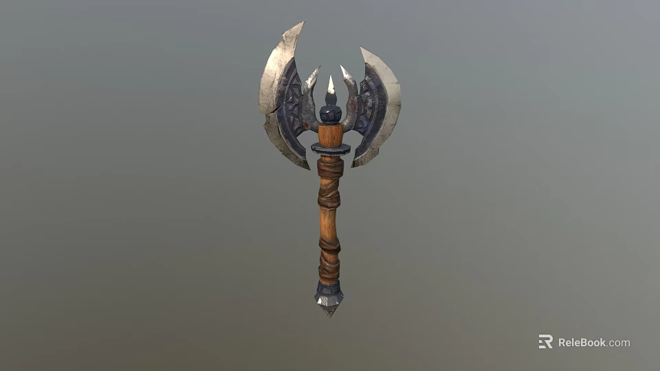 Double Bladed Axe Weapon With Medieval Wooden Handle And Metal Decorative Blades 3d model 