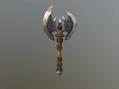Double Bladed Axe Weapon With Medieval Wooden Handle And Metal Decorative Blades 3d model