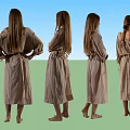 Woman In Beige Long Dress Shown From Multiple Standing Angles Holding Wooden Bucket