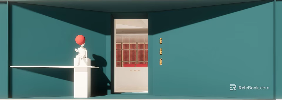 Modern Beauty Hair Salon with Green Walls Red Decorations Gold Lettering White Reception and Sculpture 3d model 