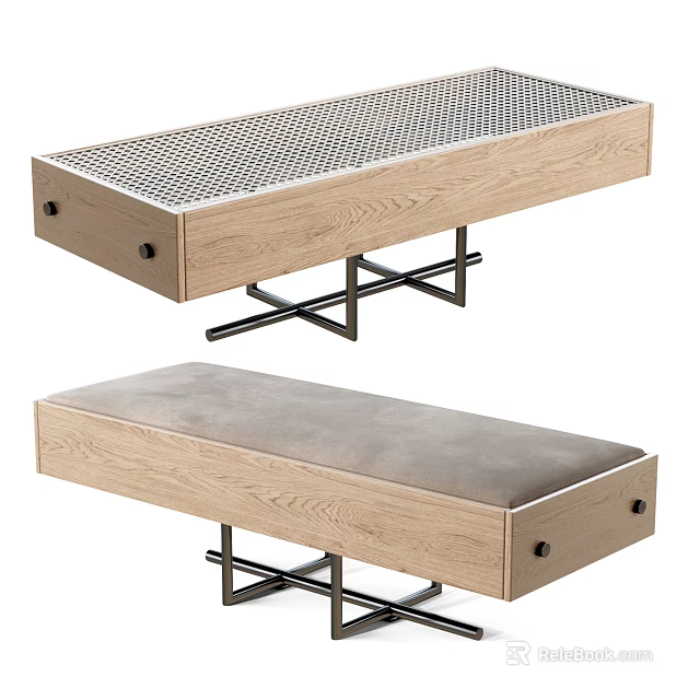 Modern Public Bench With Wooden Frame Metal Legs Mesh And Upholstered Cushion Tops 3d model 