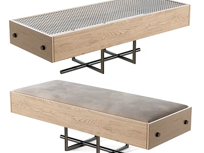 Modern Public Bench With Wooden Frame Metal Legs Mesh And Upholstered Cushion Tops 3d model