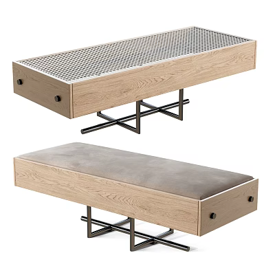 Modern Public Bench With Wooden Frame Metal Legs Mesh And Upholstered Cushion Tops 3d model