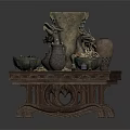 Decorative Wooden Long Table With Vase Pot Papers And Small Statues 3d model