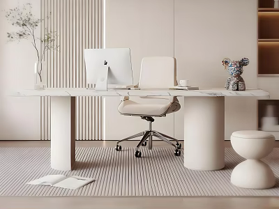 Modern Office Desk With Marble Top White Monitor Beige Chair Vase And Striped Rug 3d model