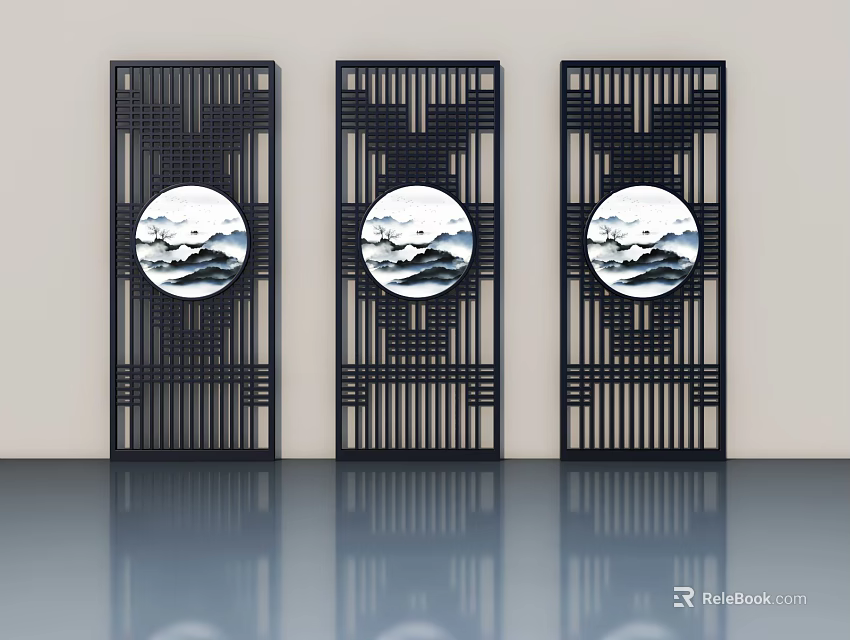 Three Black Hinged Doors With Grid Pattern And Circular Landscape Paintings 3d model