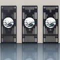 Three Black Hinged Doors With Grid Pattern And Circular Landscape Paintings 3d model