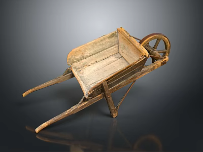 Old Vintage Wooden Wheelbarrow With Rustic Wooden Structure And Wooden Wheel Design 3d model