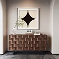 Modern Entryway Console And Side Cabinet With White Square Pattern Brown Woven Texture And Greenery 3d model