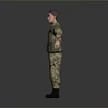 Military Character In Camouflage Uniform With Green Tactical Vest And Arms Outstretched Against Gray Background