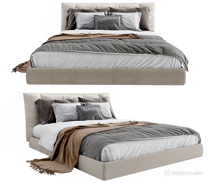 Modern Double Bed Design With Gray White Bedding Pillows And Brown Throw Blanket 3d model
