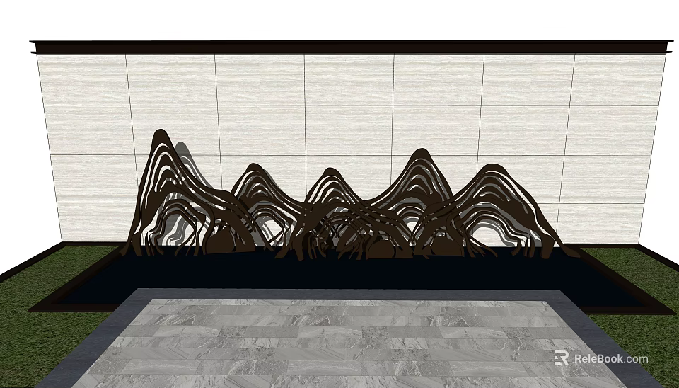Landscape Feature Wall With Light Stone Panels And Black Metal Mountain Sculptures On Gray Pavement 3d model 