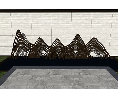Landscape Feature Wall With Light Stone Panels And Black Metal Mountain Sculptures On Gray Pavement 3d model