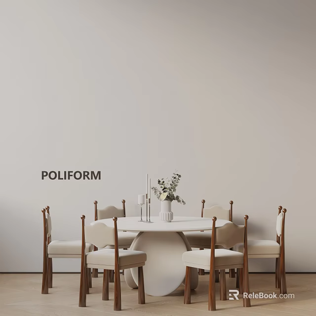 POLIFORM Round White Dining Table Set with Six Light Chairs Wooden Legs Vase and Candle Holders 3d model 