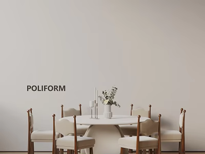 POLIFORM Round White Dining Table Set with Six Light Chairs Wooden Legs Vase and Candle Holders 3d model
