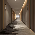 Modern Hotel Corridor Interior With Soft Lighting Patterned Carpet And Light Colored Walls