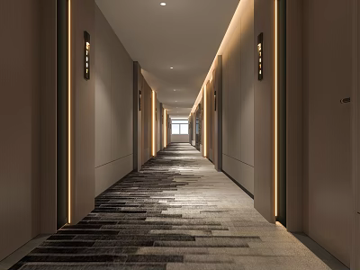 Modern Hotel Corridor Interior With Soft Lighting Patterned Carpet And Light Colored Walls 3d model