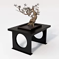 Black Wooden Console Table With Circular Cutouts And Bonsai Tree Decoration 3d model