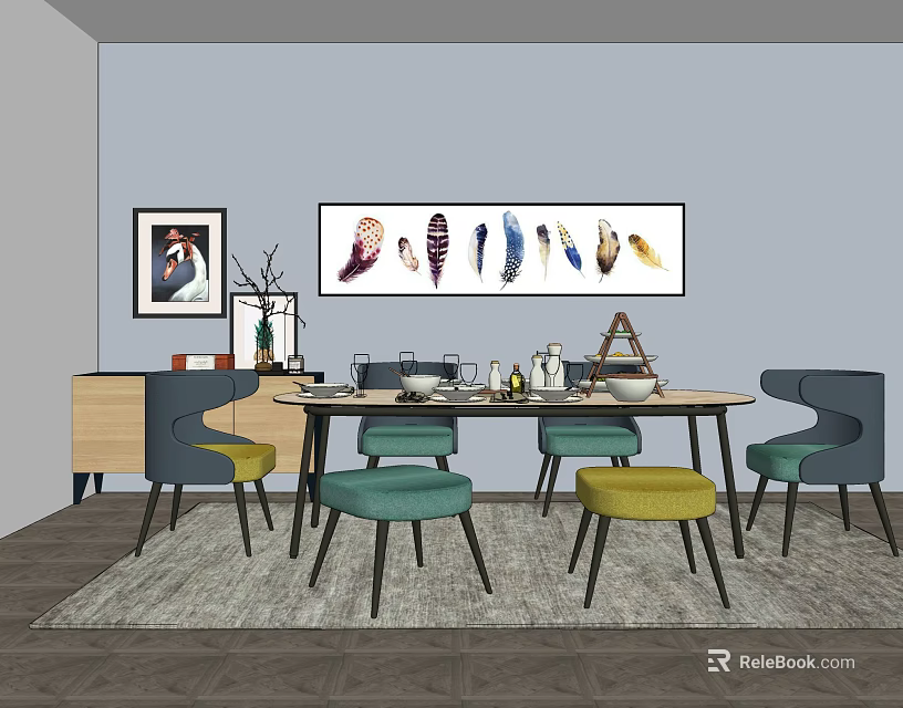 Modern Dining Table Set with Round Teal Yellow Chairs Feather Wall Art and Wooden Cabinet 3d model 
