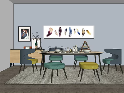 Modern Dining Table Set with Round Teal Yellow Chairs Feather Wall Art and Wooden Cabinet 3d model