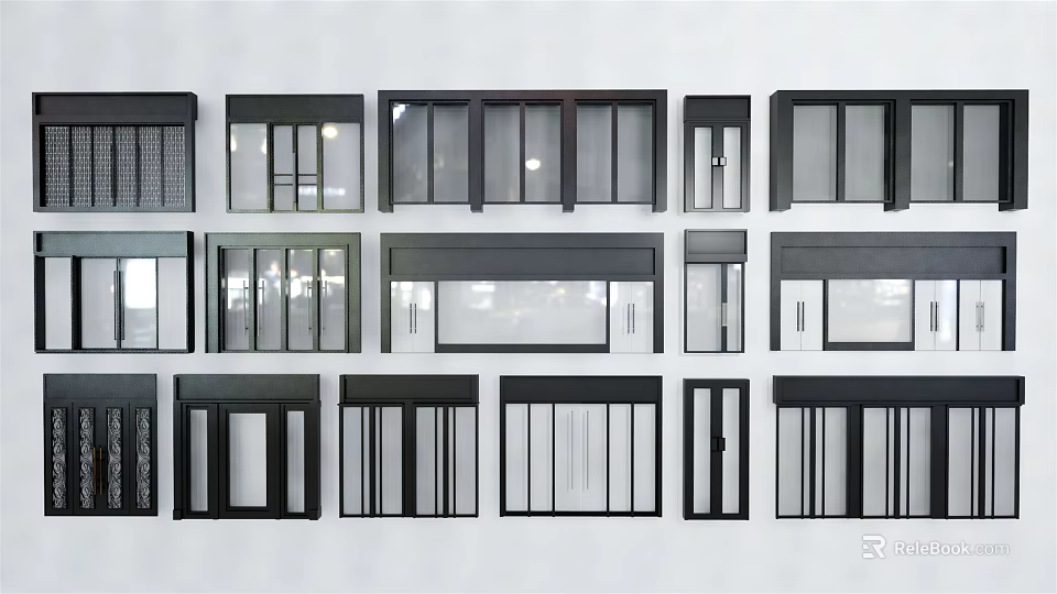 Various Modern Window And Door Designs With Black Frames And Glass Panels 3d model 