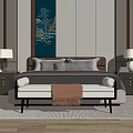 Modern Double Bed in Minimalist Bedroom with Nightstands Table Lamps and Decorative Painting