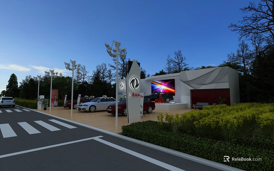 Road Facilities With Street Lamps Parking Lot Vehicles And Green Belts 3d model 