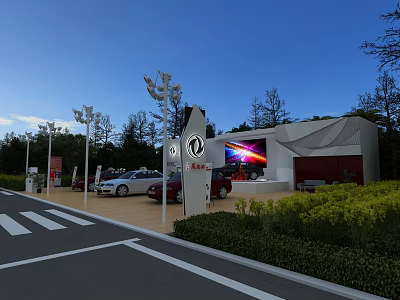 Road Facilities With Street Lamps Parking Lot Vehicles And Green Belts 3d model
